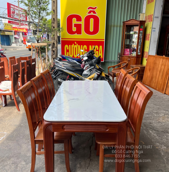 Bàn Ăn Gỗ Xoan Đào Mặt Đá 6 Ghế Bền Đẹp Hiện Đại BG 1-104