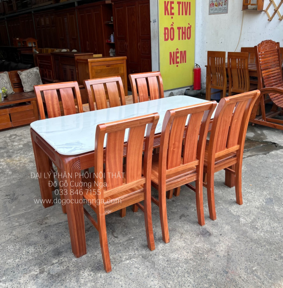 Bàn Ăn Gỗ Xoan Đào Mặt Đá 6 Ghế Bền Đẹp Hiện Đại BG 1-104