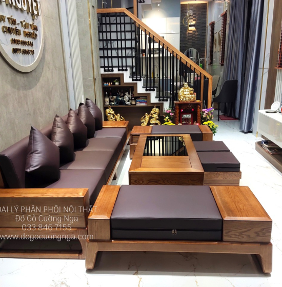 Bộ Sofa 2 Văng Gỗ Sồi Lau Màu Hương Vàng