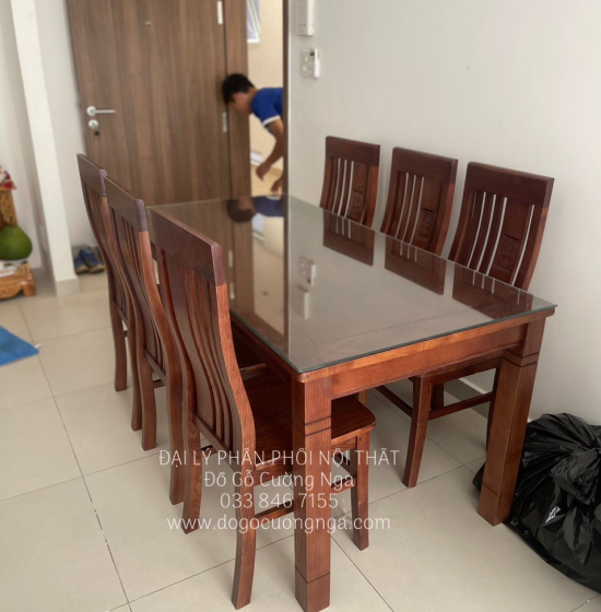 Bàn Ăn Gỗ Sồi Nga 6 Ghế Lau Màu Óc Chó BG 11-8