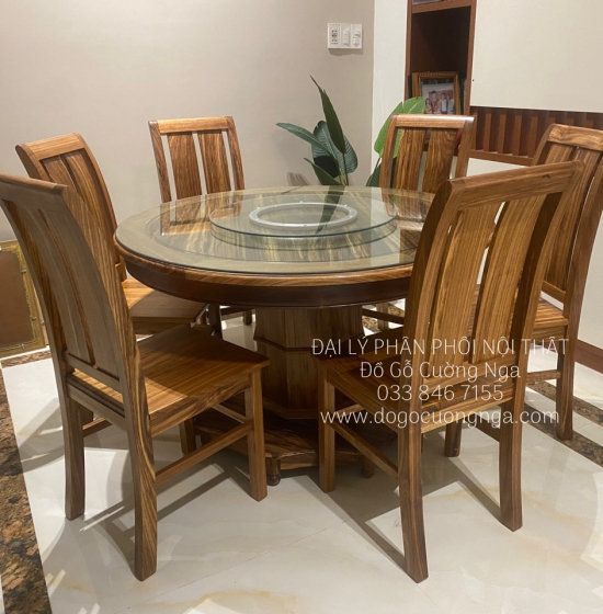 Bàn ăn gỗ hương xám 6 ghế tròn mâm xoay BG 025