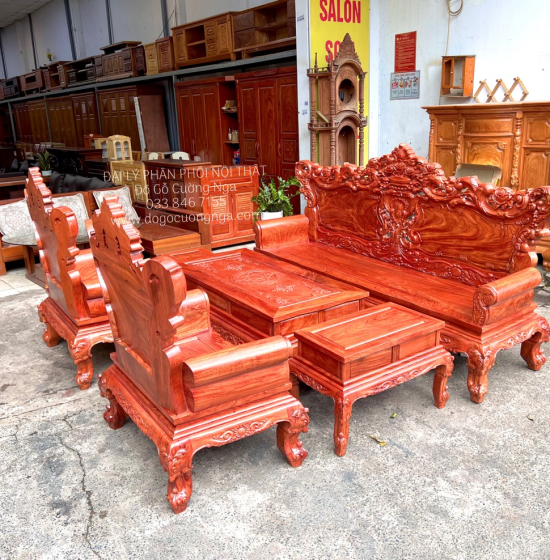 Bộ Salon Gỗ Hương Đá Chạm Hoàng Gia Tay 12 Cao Cấp 