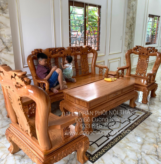 Bộ Salon Gỗ Gõ Đỏ Tay 12 - 6 Chạm Đào Liền Tấm