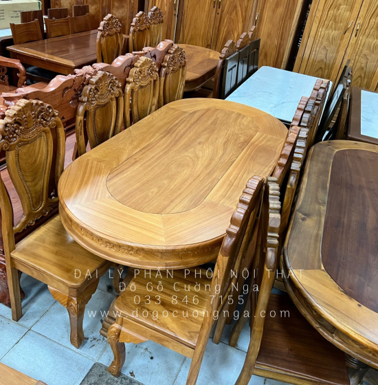 Bàn Ăn Gỗ Gõ Đỏ 8 Ghế Ovan Cao Cấp BG 11-19