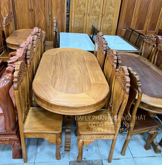Bàn Ăn Gỗ Gõ Đỏ 8 Ghế Ovan Cao Cấp BG 11-19