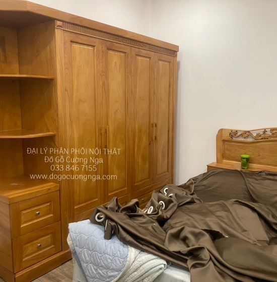 Tủ quần áo gỗ gõ đỏ 4 cánh 2m3 vế trái - kèm kệ trang trí 