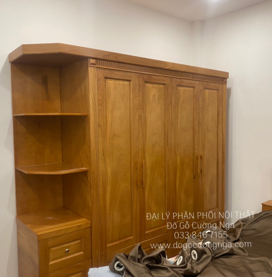 Tủ quần áo gỗ gõ đỏ 4 cánh 2m3 vế trái - kèm kệ trang trí 