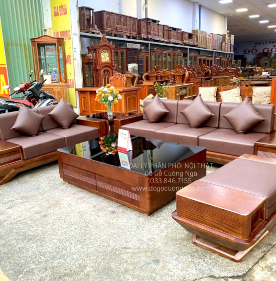 Bộ Ghế Sofa Gỗ Sồi Nga Lau Màu Óc Chó 2 Văng Thuyền 