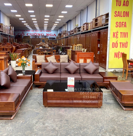 Bộ Ghế Sofa Gỗ Sồi Nga Lau Màu Óc Chó 2 Văng Thuyền 