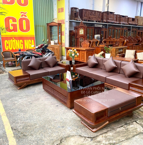 Bộ Ghế Sofa Gỗ Sồi Nga Lau Màu Óc Chó 2 Văng Thuyền 