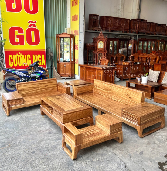 Ghế Sofa Gỗ Hương Xám 2 Văng Chữ U Hiện Đại - Chân Choãi 