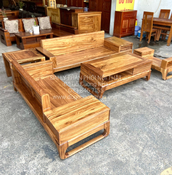 Ghế Sofa Gỗ Hương Xám 2 Văng Chữ U Hiện Đại - Chân Choãi 