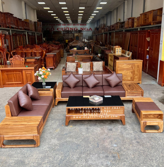 Ghế Sofa Gỗ Hương Xám 2 Văng Chữ U Hiện Đại - Chân Choãi 