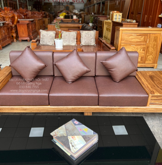 Ghế Sofa Gỗ Hương Xám 2 Văng Chữ U Hiện Đại - Chân Choãi 