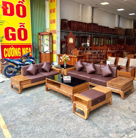 Ghế Sofa Gỗ Hương Xám 2 Văng Chữ U Hiện Đại - Chân Choãi 