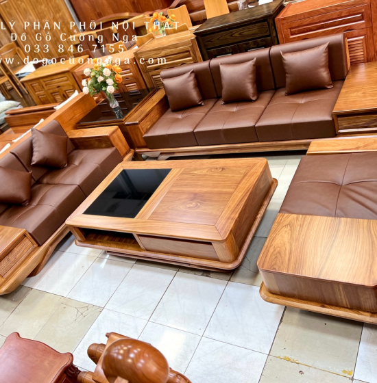 Bàn Ghế Sofa Gỗ Hương Vàng 2 Văng Chân Thuyền Nệm Cao Cấp 