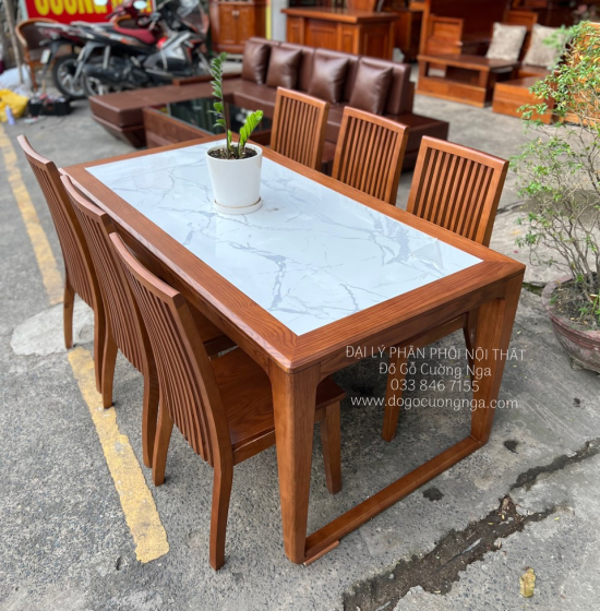 Bàn Ăn Gỗ Sồi Nga Mặt Đá 6 Ghế Hiện Đại Màu Óc Chó BG 11-3