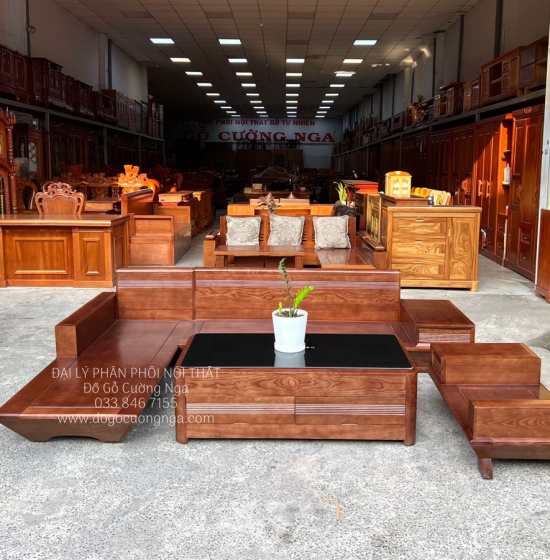 Bàn Ghế Sofa Gỗ Sồi Nga Chân Thuyền Lau Màu Óc Chó 2m8x1m9 