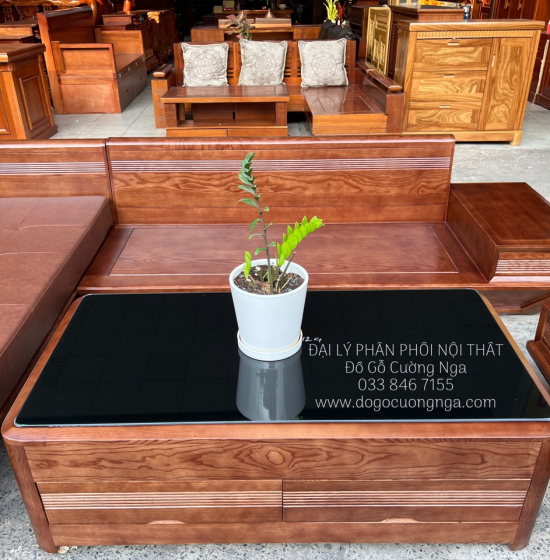 Bàn Ghế Sofa Gỗ Sồi Nga Chân Thuyền Lau Màu Óc Chó 2m8x1m9 