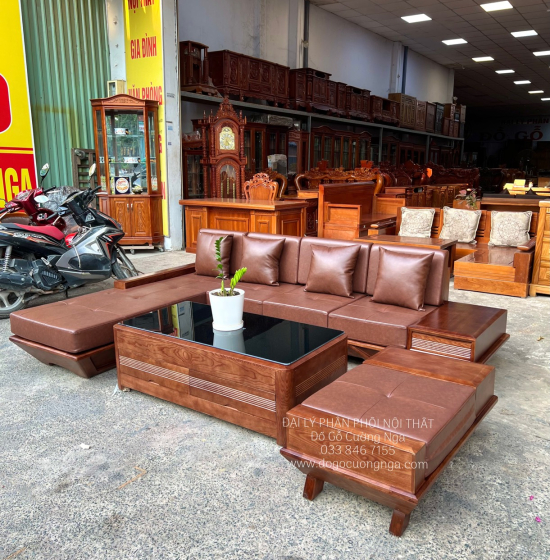 Bàn Ghế Sofa Gỗ Sồi Nga Chân Thuyền Lau Màu Óc Chó 2m8x1m9 