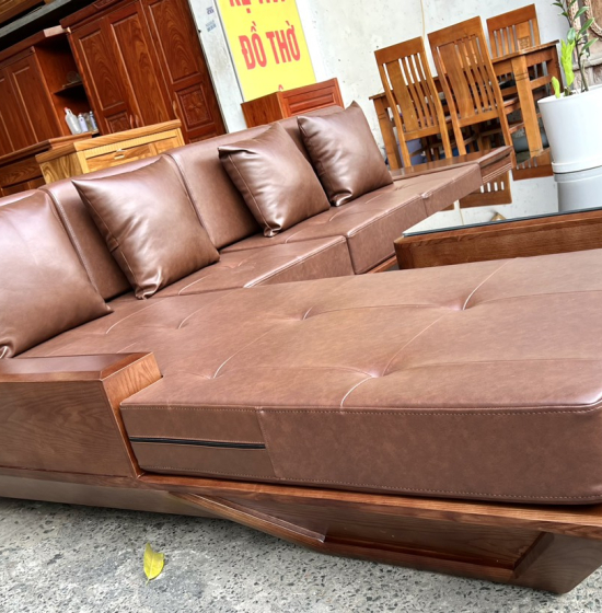 Bàn Ghế Sofa Gỗ Sồi Nga Chân Thuyền Lau Màu Óc Chó 2m8x1m9 