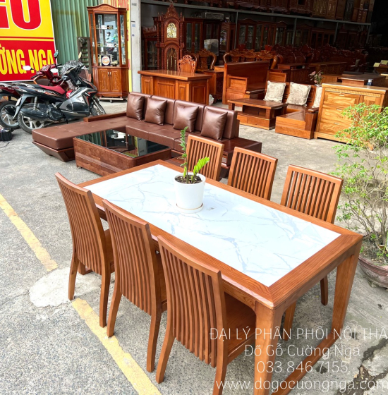 Bàn Ăn Gỗ Sồi Nga Mặt Đá 6 Ghế Hiện Đại Màu Óc Chó BG 11-3