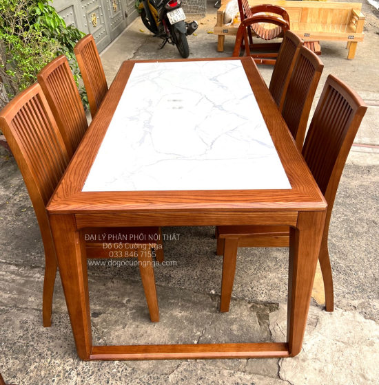 Bàn Ăn Gỗ Sồi Nga Mặt Đá 6 Ghế Hiện Đại Màu Óc Chó BG 11-3