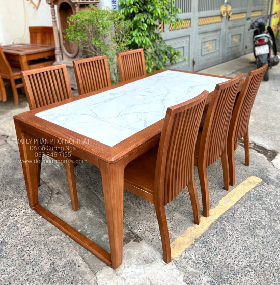 Bàn Ăn Gỗ Sồi Nga Mặt Đá 6 Ghế Hiện Đại Màu Óc Chó BG 11-3