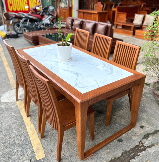 Bàn Ăn Gỗ Sồi Nga Mặt Đá 6 Ghế Hiện Đại Màu Óc Chó BG 11-3