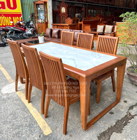 Bàn Ăn Gỗ Sồi Nga Mặt Đá 6 Ghế Hiện Đại Màu Óc Chó BG 11-3