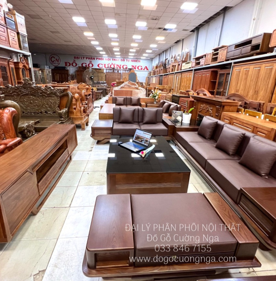 Bộ Ghế Sofa Gỗ Sồi Nga Lau Màu Óc Chó 2 Văng Thuyền 