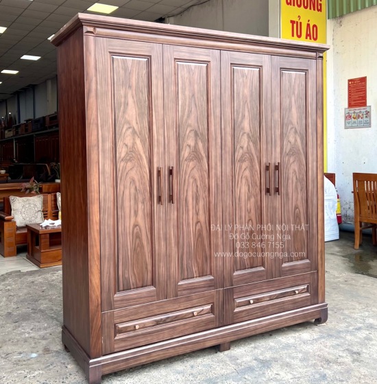 Tủ Áo Gỗ Óc Chó 4 Cánh 2 Buồng Lớn Hiện Đại