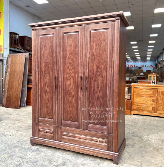 Tủ Quần Áo Gỗ Óc Chó 3 Cánh Trơn Thiết Kế Sang Trọng 