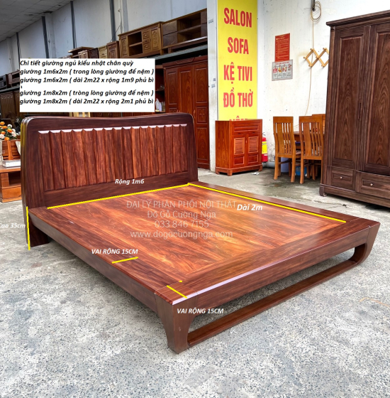 Giường Gỗ Cẩm Kiểu Nhật Màu Óc Chó Sang Trọng 