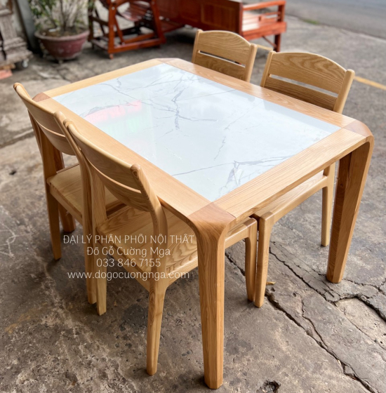 Bàn Ăn Gỗ Sồi Nga 4 Ghế Mặt Đá Bền Đẹp 
