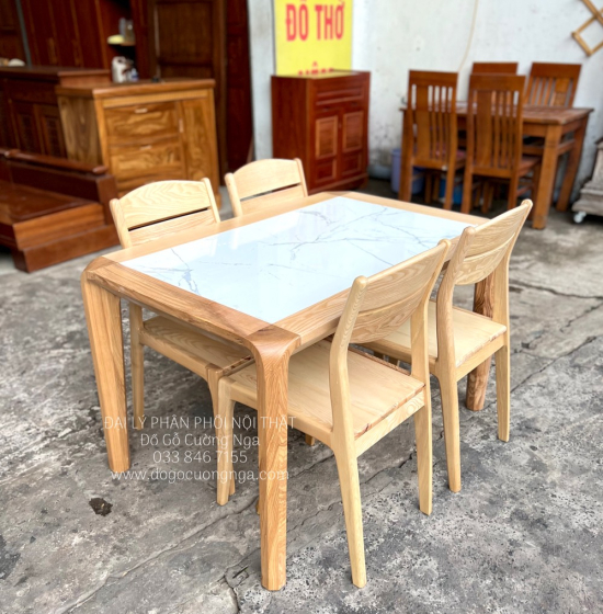 Bàn Ăn Gỗ Sồi Nga 4 Ghế Mặt Đá Bền Đẹp 