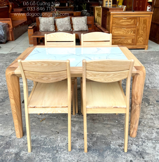 Bàn Ăn Gỗ Sồi Nga 4 Ghế Mặt Đá Bền Đẹp 