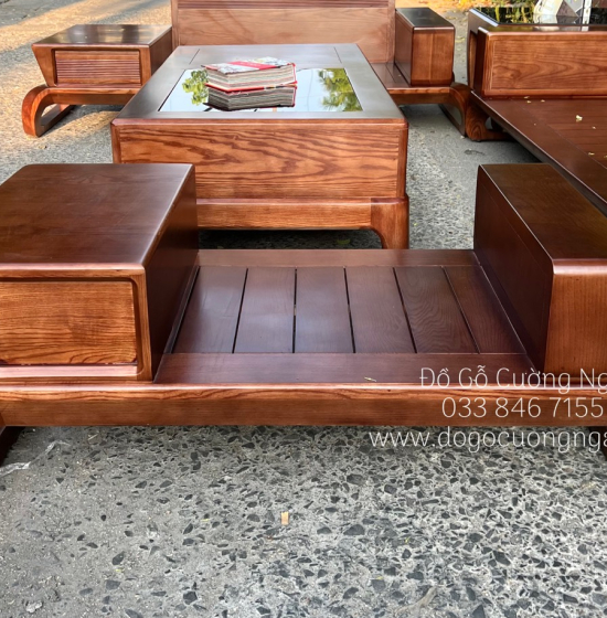 Bộ Bàn Ghế Sofa Gỗ Sồi Nga 2 Văng Chân Xoắn Cao Cấp