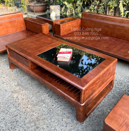 Bộ Bàn Ghế Sofa Gỗ Sồi Nga 2 Văng Chân Xoắn Cao Cấp