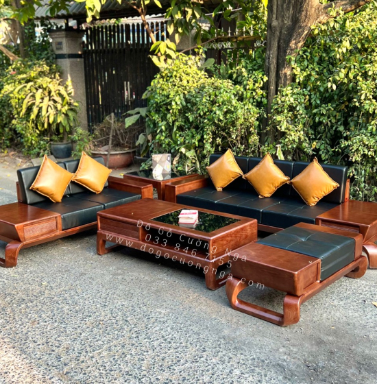 Bộ Bàn Ghế Sofa Gỗ Sồi Nga 2 Văng Chân Xoắn Cao Cấp