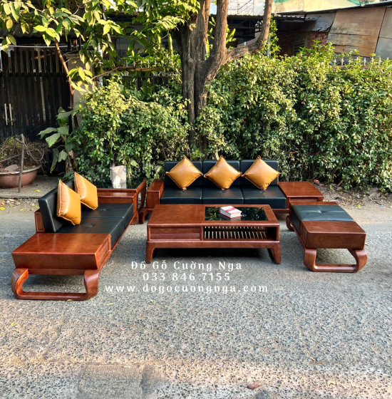 Bộ Bàn Ghế Sofa Gỗ Sồi Nga 2 Văng Chân Xoắn Cao Cấp