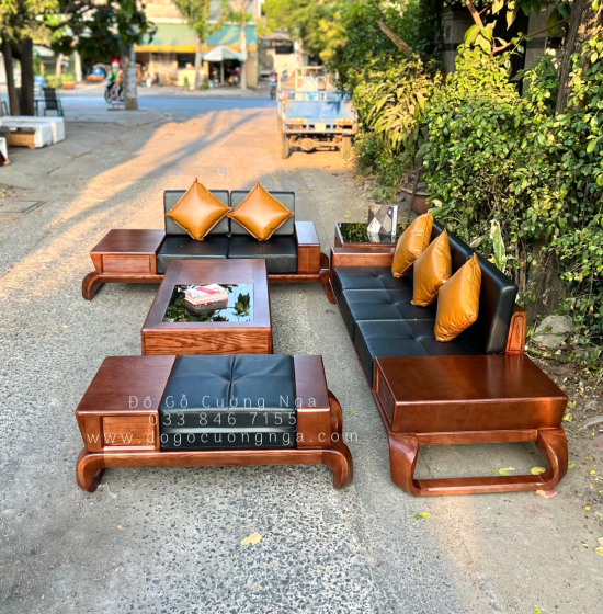 Bộ Bàn Ghế Sofa Gỗ Sồi Nga 2 Văng Chân Xoắn Cao Cấp
