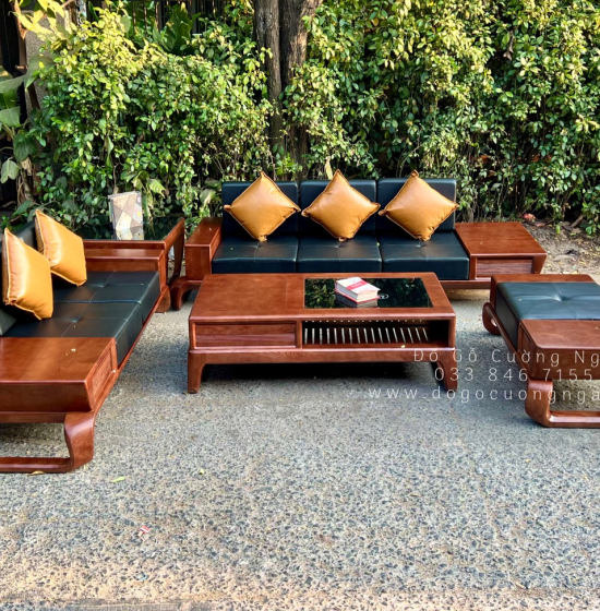 Bộ Bàn Ghế Sofa Gỗ Sồi Nga 2 Văng Chân Xoắn Cao Cấp