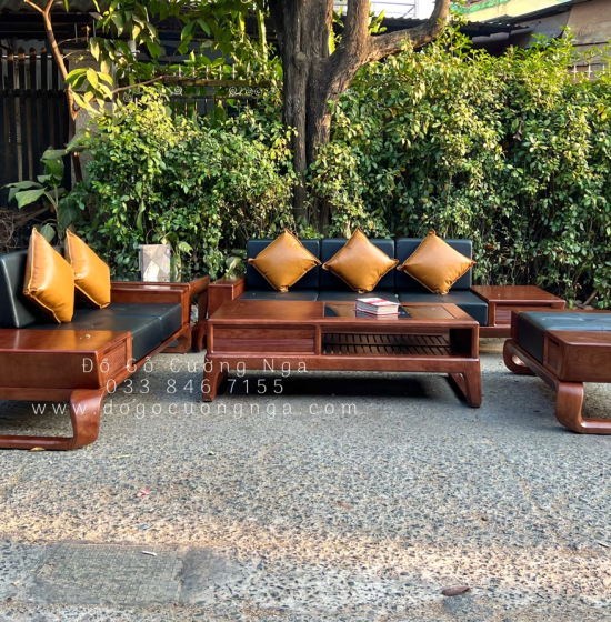 Bộ Bàn Ghế Sofa Gỗ Sồi Nga 2 Văng Chân Xoắn Cao Cấp