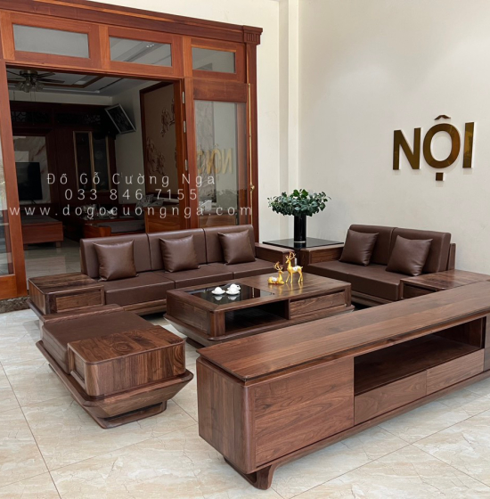 Bàn Ghế Sofa 2 Văng Thuyền Gỗ Óc Chó Cao Cấp Kết Hợp Nệm Da 