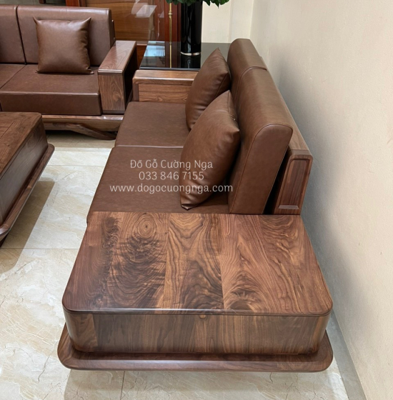Bàn Ghế Sofa 2 Văng Thuyền Gỗ Óc Chó Cao Cấp Kết Hợp Nệm Da 