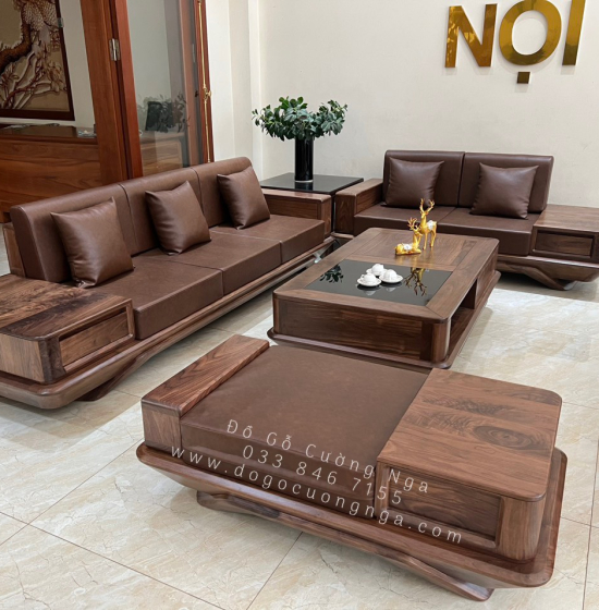 Bàn Ghế Sofa 2 Văng Thuyền Gỗ Óc Chó Cao Cấp Kết Hợp Nệm Da 