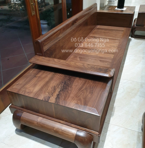Bàn Ghế Sofa 2 Văng Thuyền Gỗ Óc Chó Cao Cấp Kết Hợp Nệm Da 
