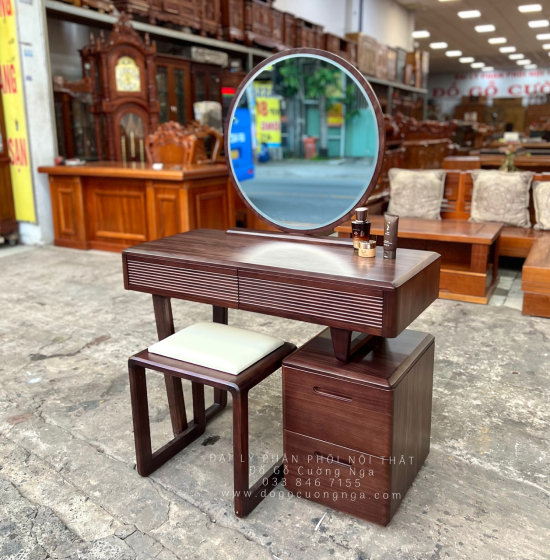 Bàn Phấn Trang Điểm Gỗ Óc Chó 1m Gương Tròn 