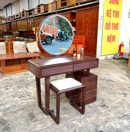 Bàn Phấn Trang Điểm Gỗ Óc Chó 1m Gương Tròn 